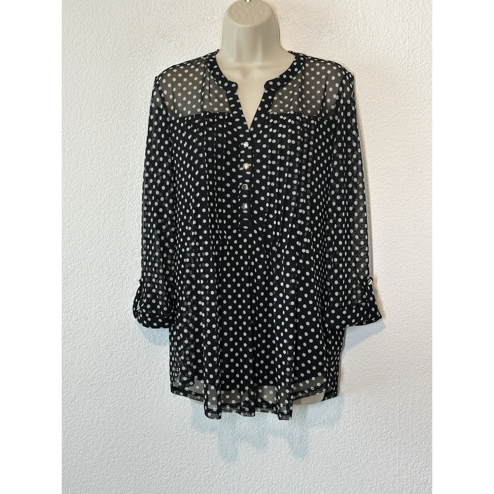 NWT Cocomo Womens Black & White Polka‎ Dot Blouse Size L Casual Career